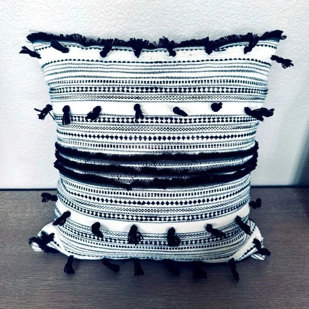 Anthropologie Black White Large Boho Tassel Textured Throw Pillow